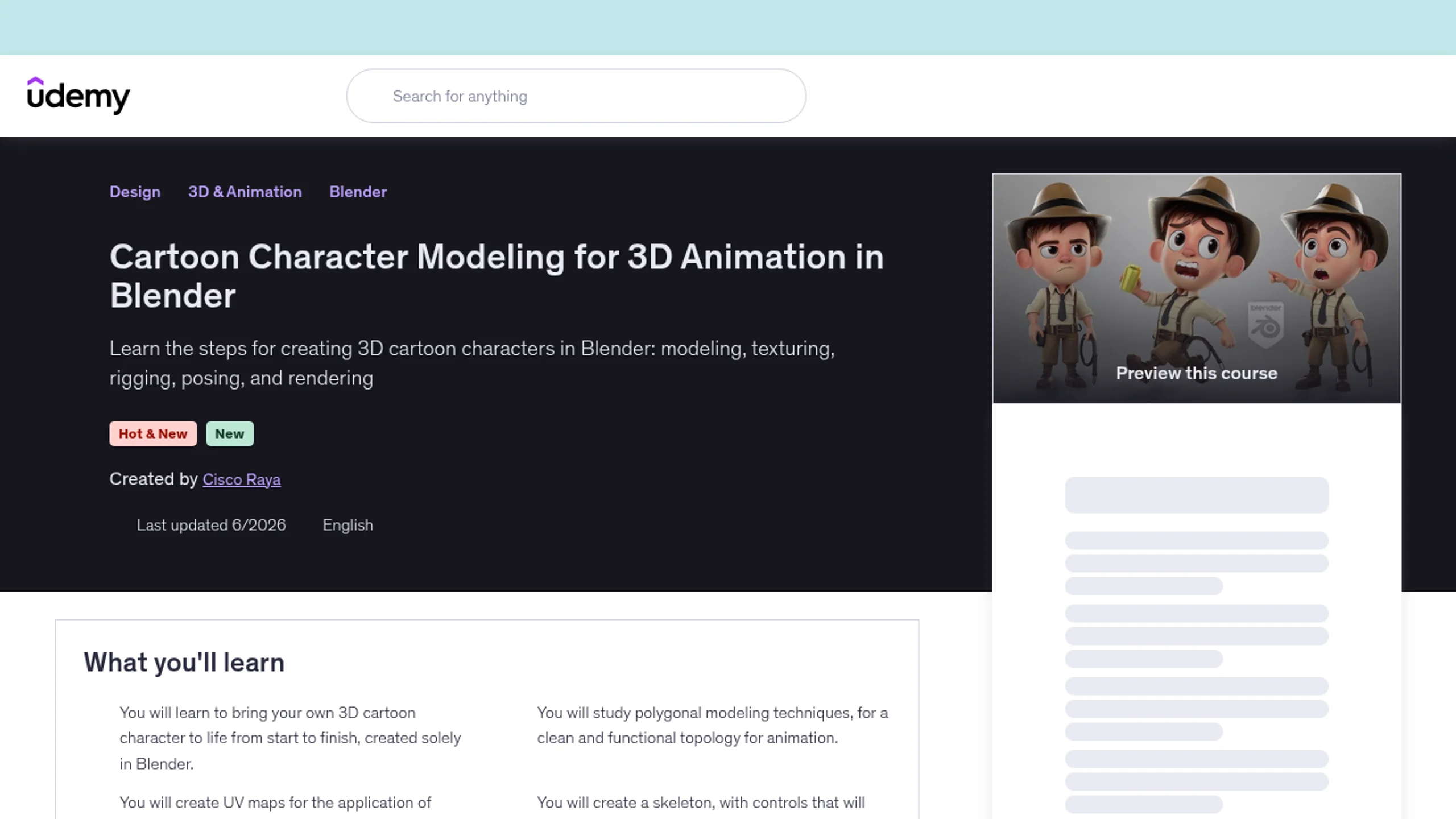 Cartoon Character Modeling for 3D Animation in Blender course